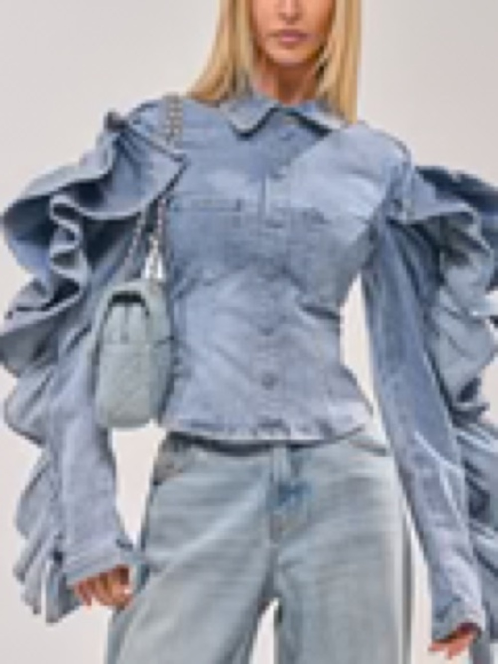 AKIRA Light Denim Ruffle Sleeve Button-Down Shirt